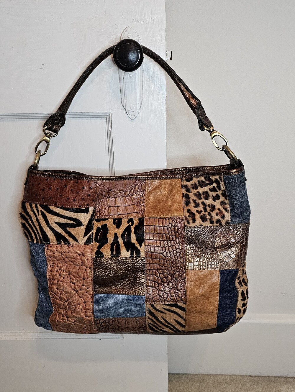 Clever Carriage Company Patchwork Animal Print Shoulder Bag Brown Zip